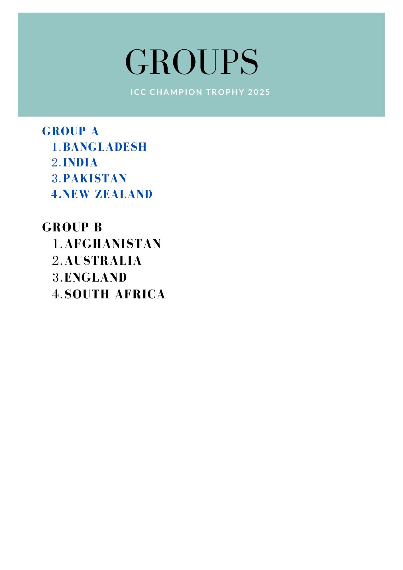 icc champion trophy 2025 group list 